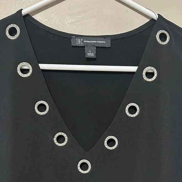 INC International Concepts Black Sleeveless V-Neck Tank with Silver Ring Trim - Picture 2 of 3